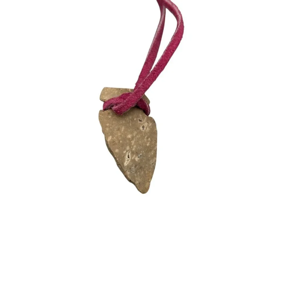 Arrowhead Stone Pendant Necklace on Pink Suede Leather Cord Boho Tribal